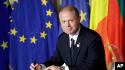 FILE - Malta's then-Prime Minister Joseph Muscat is pictured during an EU summit meeting in the Palazzo dei Conservatori in Rome, March 25, 2017. 