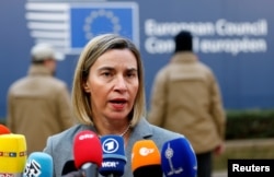 FILE - European Union foreign policy chief Federica Mogherini arrives at a EU leaders summit in Brussels, Belgium, Dec. 15, 2016.