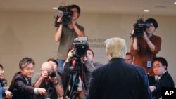 President Donald Trump makes a brief statement to the media as he leaves after addressing a meeting at U.N. headquarters, Sept. 18, 2017.