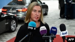 European Union for Foreign Affairs and Security Policy Federica Mogherini answers journalists' questions during a Foreign Affairs meeting at the EU headquarters in Brussels, July 15, 2019. 