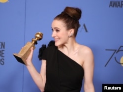 Rachel Brosnahan poses backstage at the 75th Golden Glob Awards, Jan. 7, 2018, with her Globe for Best Actress in a Television Series, Comedy or Musical for the Amazon series "The Marvelous Mrs. Maisel."
