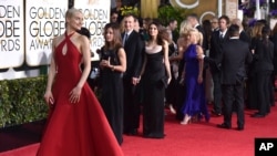 Actress Taylor Schilling arrives at the 72nd annual Golden Globe Awards at the Beverly Hilton Hotel Jan. 11, 2015, in Beverly Hills, California.