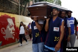 FILE - Relatives and basketball teammates of a crime victim carry his coffin prior to his burial in Caracas, Venezuela, Nov. 25, 2015. A non-governmental group reported 27,875 violent deaths in Venezuela in 2015.