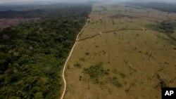 FILE - A photo of a deforested area near Novo Progresso in Brazil's northern state of Para, Sept. 15, 2009.