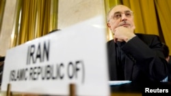 Iran's Foreign Minister Ali Akbar Salehi before addressing U.N. disarmament conference, Geneva, Feb. 28, 2012.
