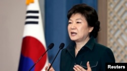 South Korea's President Park Geun-hye speaks to the nation at the presidential Blue House in Seoul, March 4, 2013 file photo. 