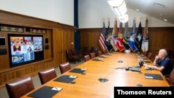 Handout photo of U.S. President Joe Biden during a meeting on the situation in Kabul, Aug. 16, 2021.