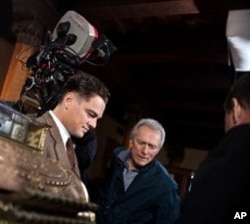 Clint Eastwood right, and Leonardo DiCaprio on the set of "J. Edgar"
