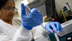 FILE - In a Feb. 9, 2018 file photo, lab technologist Sharda Modi tests a patient's swab for a flu infection at Upson Regional Medical Center in Thomaston, Georgia.