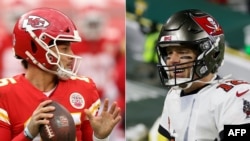 Une combination de photos de Patrick Mahomes, à gauche, et Tom Brady, USA, le 24 janvier 2020. 