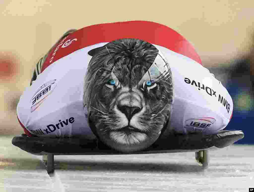 Micaela Widmer of Switzerland competes during the women's race at the Skeleton World Cup in Altenberg, eastern Germany, Nov. 27, 2015.