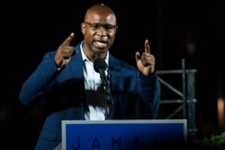 FILE - This June 23, 2020 file photo shows Jamaal Bowman speaking to attendees during his primary-night party.