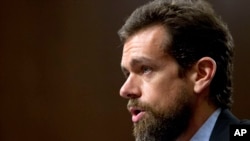 FILE - Twitter CEO Jack Dorsey testifies before the Senate Intelligence Committee hearing on 'Foreign Influence Operations and Their Use of Social Media Platforms' on Capitol Hill, Sept. 5, 2018, in Washington. 