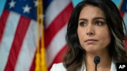 Democratic presidential candidate U.S. Rep. Tulsi Gabbard, D-Hawaii, speaks during a news conference at the 9/11 Tribute Museum, Oct. 29, 2019, in New York.