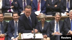FILE - Britain's outgoing Prime Minister, David Cameron, speaks during Prime Minister's Questions in the House of Commons, in central London, Britain in this still image taken from video, July 13, 2016. 