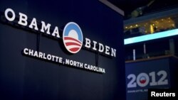 A sign for the campaign of US President Barack Obama is seen on August 31, 2012, at the site that will host the Democratic National Convention in Charlotte, North Carolina.