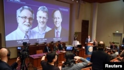 Thomas Perlmann, Secretary-General of the Nobel Committee, presents the Nobel laureates, William G. Kaelin Jr, Sir Peter J. Ratcliffe and Gregg L. Semenza, of this year's Nobel Prize in Medicine during a news conference in Stockholm, Sweden, Oct. 7, 2019.