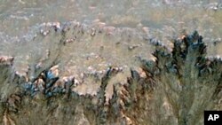 An image combining orbital imagery with 3-D modeling shows flows that appear in spring and summer on a slope inside Mars' Newton crater