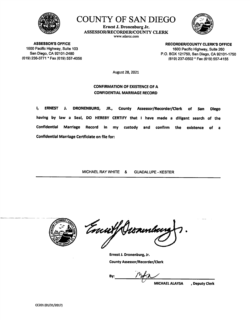 San Diego Letter Confirming Existence of Marriage.
