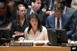 U.S. Ambassador to the United Nations Nikki Haley speaks during a Security Council meeting on the situation in Gaza, May 15, 2018, at United Nations headquarters in New York.