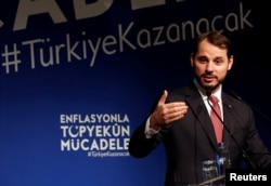 Turkish Finance Minister Berat Albayrak speaks during an event to announce his program to fight inflation, in Istanbul, Oct. 9, 2018.