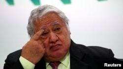 Samoan Prime Minister Tuilaepa Aiono Sailele Malielegaoi gestures during a news conference to mark the end of the Commonwealth Heads of Government Meeting at Marlborough House in London, April 20, 2018. 