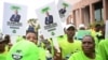 Botswana Congress Party (BCP) supporters chant slogans as the party president Dumelang Saleshando (unseen) arrives at the Botswana High Court to submit his presidential nomination in Gaborone, Sep. 28, 2024. Early voting on Oct. 19 was marred by irregularities.