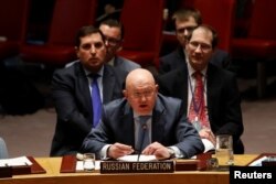 Russian Ambassador to the United Nations Vassily Nebenzia addresses the Security Council on Syria during a meeting at U.N. headquarters in New York, March 12, 2018.