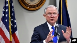 FILE - Attorney General Jeff Sessions, speaks to a gathering of law enforcement officials at the United States Attorney's offices, March 15, 2018, in Lexington, Kentucky