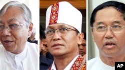 FILE - This combination of file photos shows Htin Kyaw (l) Henry Van Hti Yu, center, candidates for president from the National League for Democracy party, and Myint Swe, the military's candidate for president.