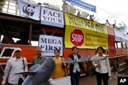 FILE - Cambodian nongovernmental organization activists hold a cutout of a Mekong dolphin, left, and cutout of other species during a protest against the proposed Don Sahong dam, in Phnom Penh, Cambodia, Sept. 11, 2014.