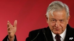 Mexican President Andres Manuel Lopez Obrador speaks during a press conference in Mexico City, Jan. 9, 2019.