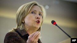 US Secretary of State Hillary Rodham Clinton speaks at the Human Rights Council in Geneva, Switzerland, February 28, 2011