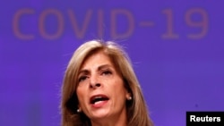 European Commissioner for Health, Stella Kyriakides attends a news conference on the updated coronavirus disease (COVID-19) risk assessment, in Brussels, Belgium, Sept. 24, 2020 