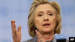 Hillary Rodham Clinton speaks to reporters at United Nations headquarters in New York, March 10, 2015. 