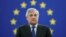 Newly elected European Parliament President Antonio Tajani stands at his desk after the announcement of the results of the election at the European Parliament in Strasbourg, France, Jan. 17, 2017.