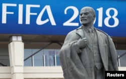 A statue of Vladimir Lenin is pictured outside the Luzhniki stadium in Moscow, Russia, after training, June 13, 2018.
