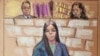 Emma Coronel Aispuro, la esposa del jefe del cartel de la droga mexicano Joaquín "El Chapo" Guzmán, comparece ante el juez magistrado de Estados Unidos Robin Meriweather. Washington, DC, el 23 de febrero de 2021 boceto de la sala de audiencias.