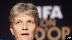 Swedish coach of the US women's soccer team Pia Sundhage attends a press conference in Zurich, Switzerland, Jan. 9, 2012.
