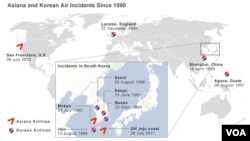 Map of Asiana and Korean Air incidents since 1990.