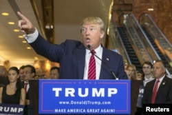 U.S. presidential hopeful Donald Trump speaks during a press conference at Trump Tower in Manhattan, New York, Sept. 3, 2015.