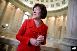 Sen. Susan Collins, R-Maine, a member of the Senate Appropriations Committee and the Senate Intelligence Committee, finishes a television news interview on Capitol Hill in Washington, March 28, 2017.