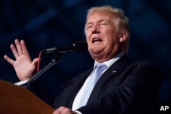 FILE - Then-Republican presidential candidate Donald Trump speaks in Denver, July 29, 2016. Trump has questioned the utility of daily intelligence meetings, telling Fox News that Vice President-elect Mike Pence and "my generals" are receiving the briefings.