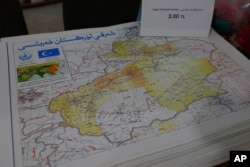 A map showing "East Turkistan," the name Uighurs who oppose Chinese rule call their homeland, a region China refers to as Xinjiang is seen at a bookstore in Istanbul's Zeytinburnu neighborhood, Dec. 14, 2017.