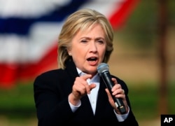 FILE - Democratic presidential candidate Hillary Rodham Clinton speaks during a campaign stop at the Westfair Amphitheater in Council Bluffs, Iowa, Oct. 7, 2015.