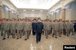 FILE - North Korean leader Kim Jong Un visits the Kumsusan Palace of the Sun to mark the 21st anniversary of the death of founder Kim Il Sung.
