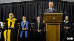 FILE - Defense Secretary James Mattis addresses U.S. Naval War College class of 2018 graduates during a commencement ceremony in Newport, R.I., June 15, 2018.