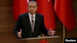 FILE - Turkish President Recep Tayyip Erdogan makes a speech at the Presidential Palace in Ankara, Nov. 26, 2015. Ankara summoned the American ambassador, John Bass, on Feb. 9, 2016, to protest remarks by a State Department spokesman who said Washington does not consider Syria's Kurdish Democracy Union Party (PYD) a terrorist organization.