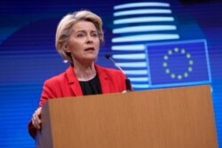 European Commission President Ursula von der Leyen speaks during a media conference, after a virtual G-7 meeting on the ongoing crisis in Afghanistan, at the European Council building in Brussels, Aug. 24, 2021.
