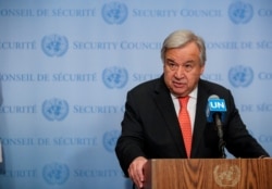 FILE - U.N. Secretary General Antonio Guterres speaks after a Security Council meeting at the United Nations headquarters in New York, Aug. 1, 2019.
